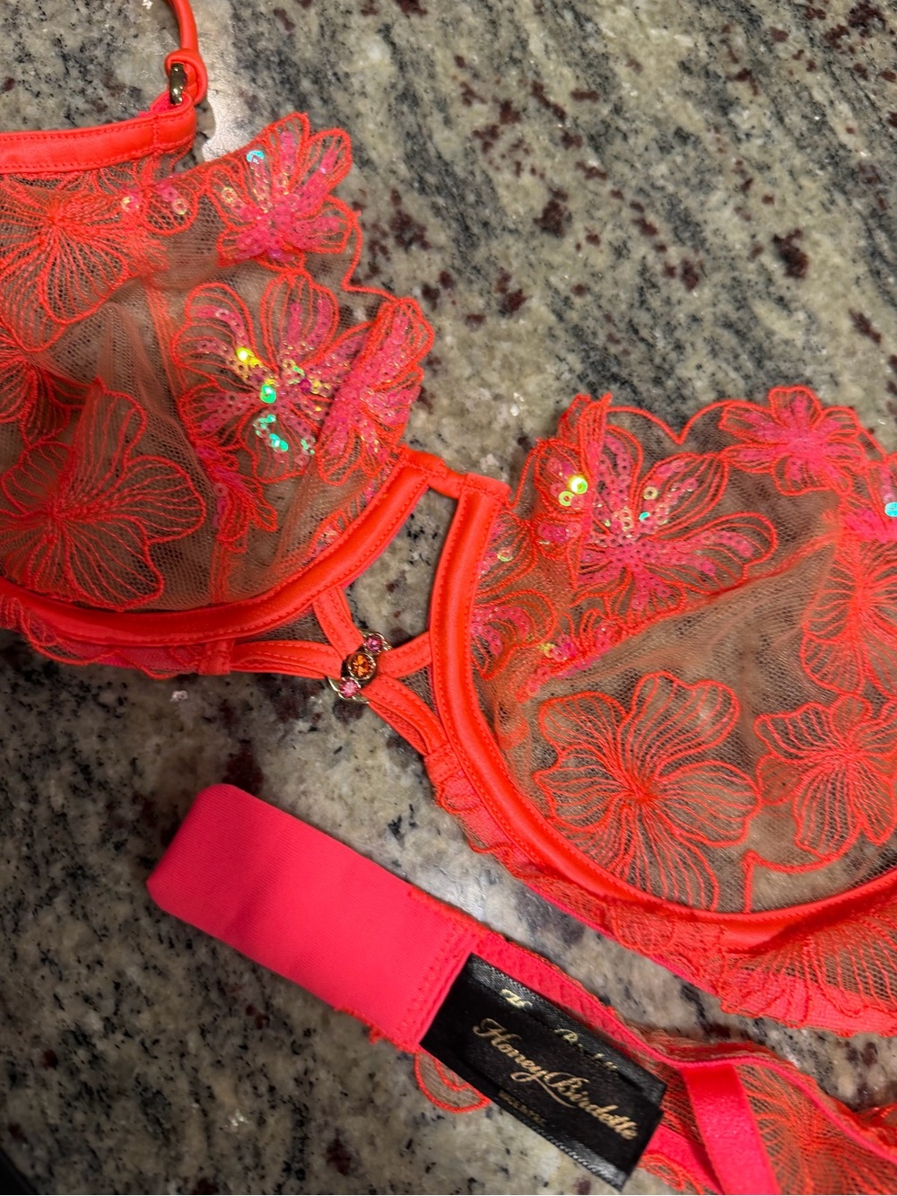 Honey Birdette 36c Floral lace Sheer Bra Neon Coral Demi with satin tote bag